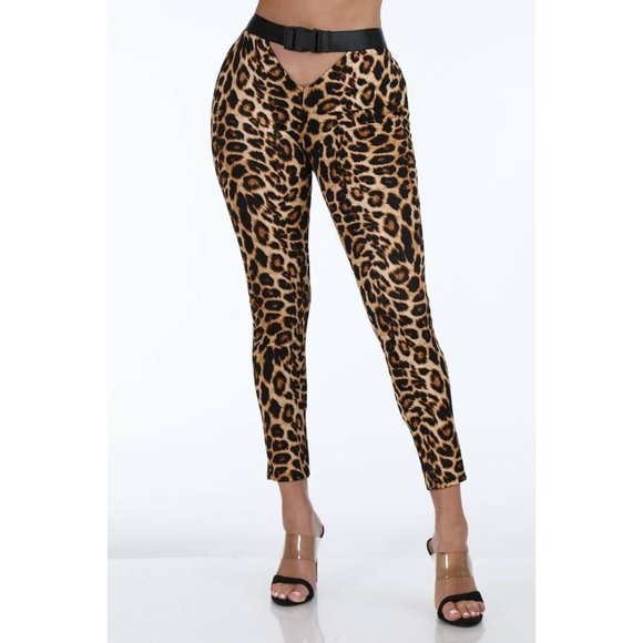 Women High Waisted Leopard Pattern Buckle Trimmed Full-length Leggings - Picture 2 of 8